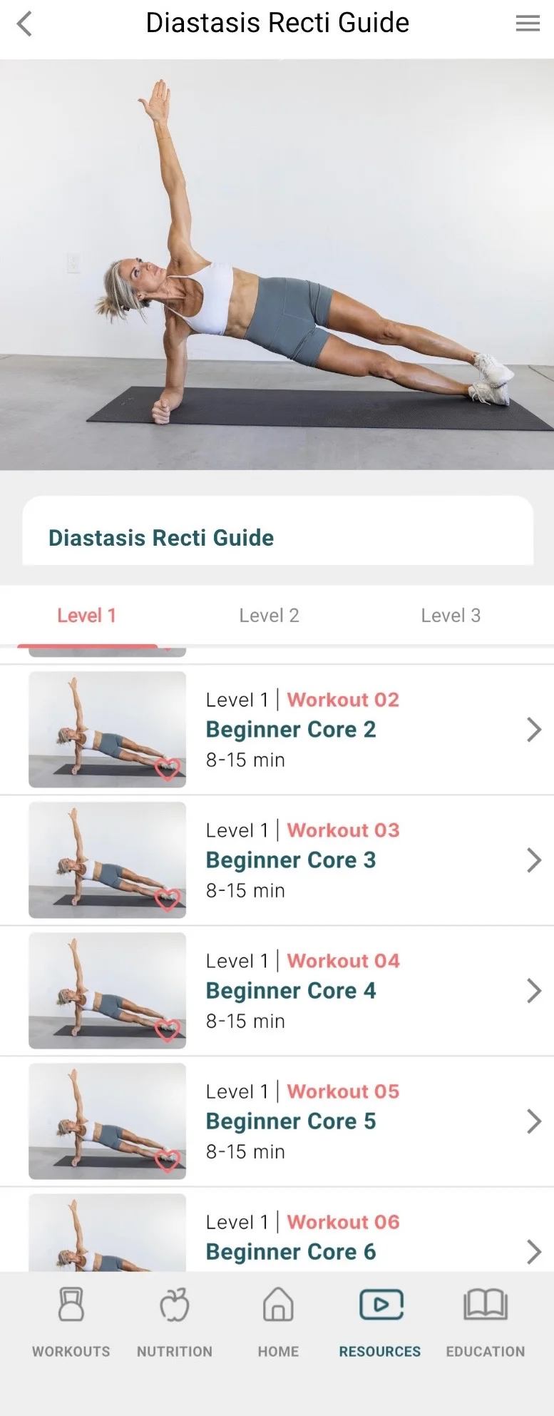 The Diastasis Recti Guide open in the Make Fit Simple app, showing the Level 1 workouts listed in order with their lengths